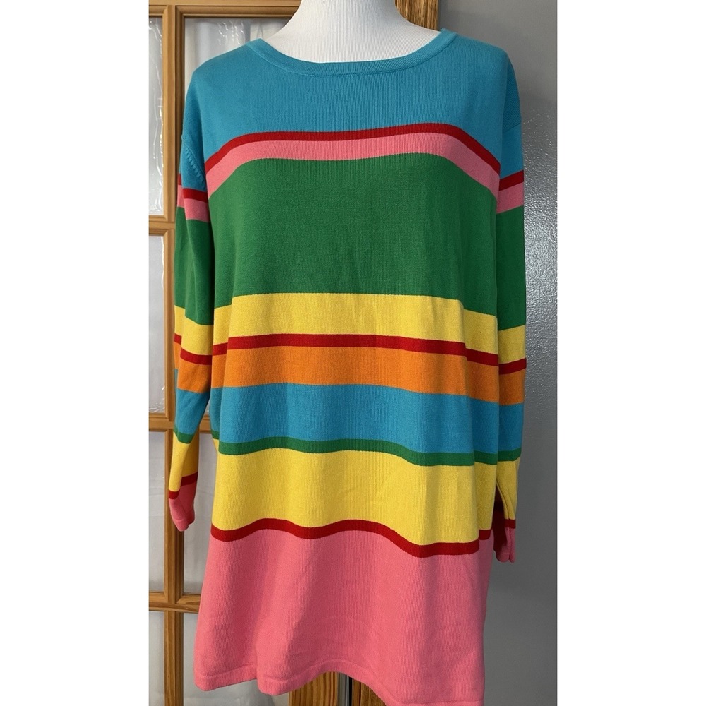 Woman's Pullover Tunic Sweater Sz 2X Pullover Green Pink Slit Colorful City